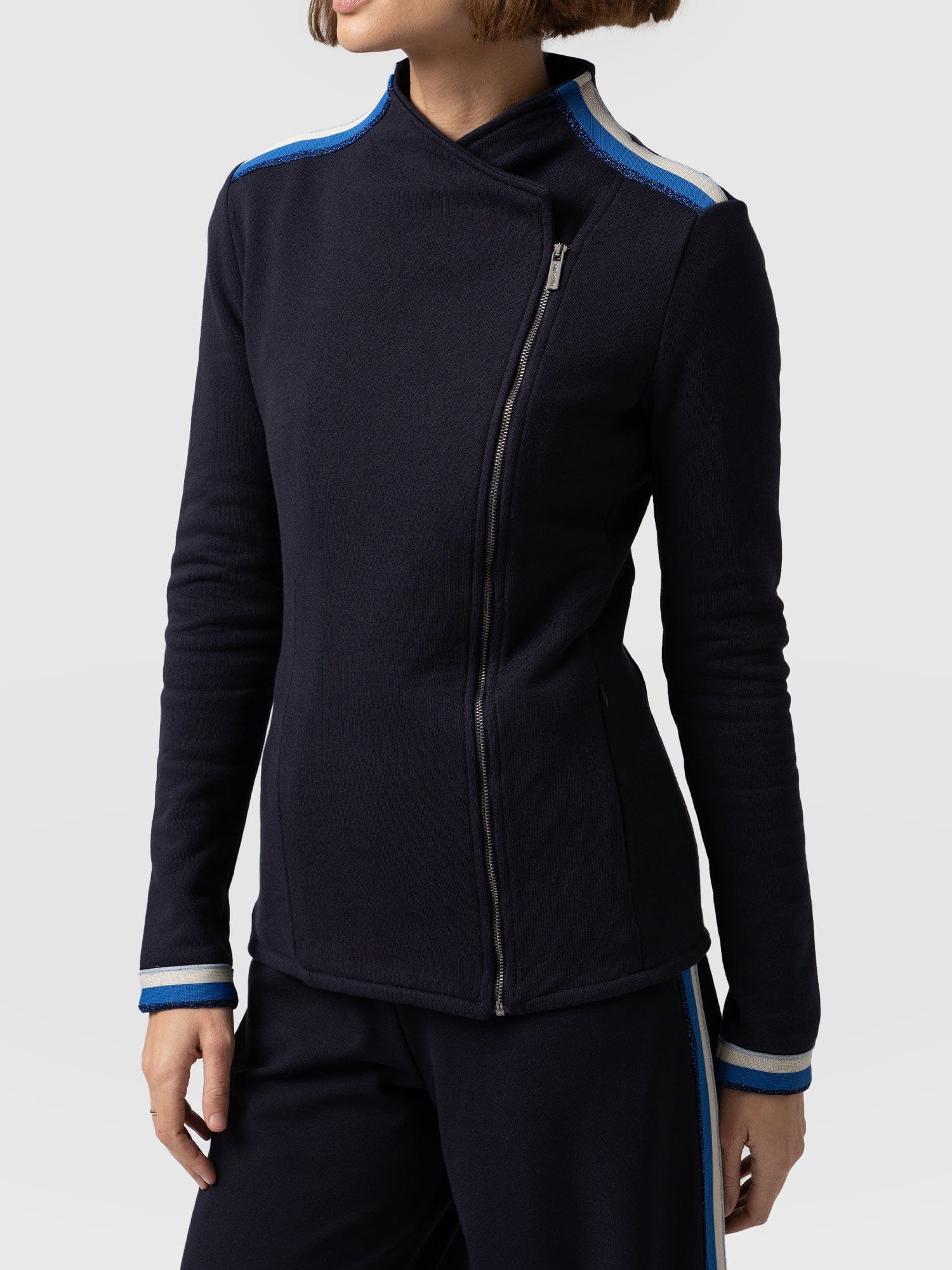 Cotton Biker Jacket - Navy Blue Stripe